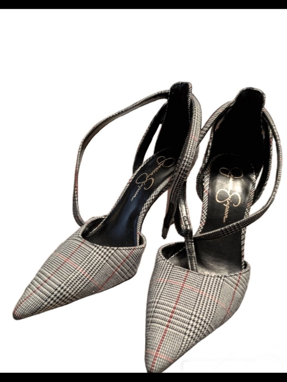 Jessica Simpson Pointed Plaid Ankle-Strap Pumps - Black/Gray/White